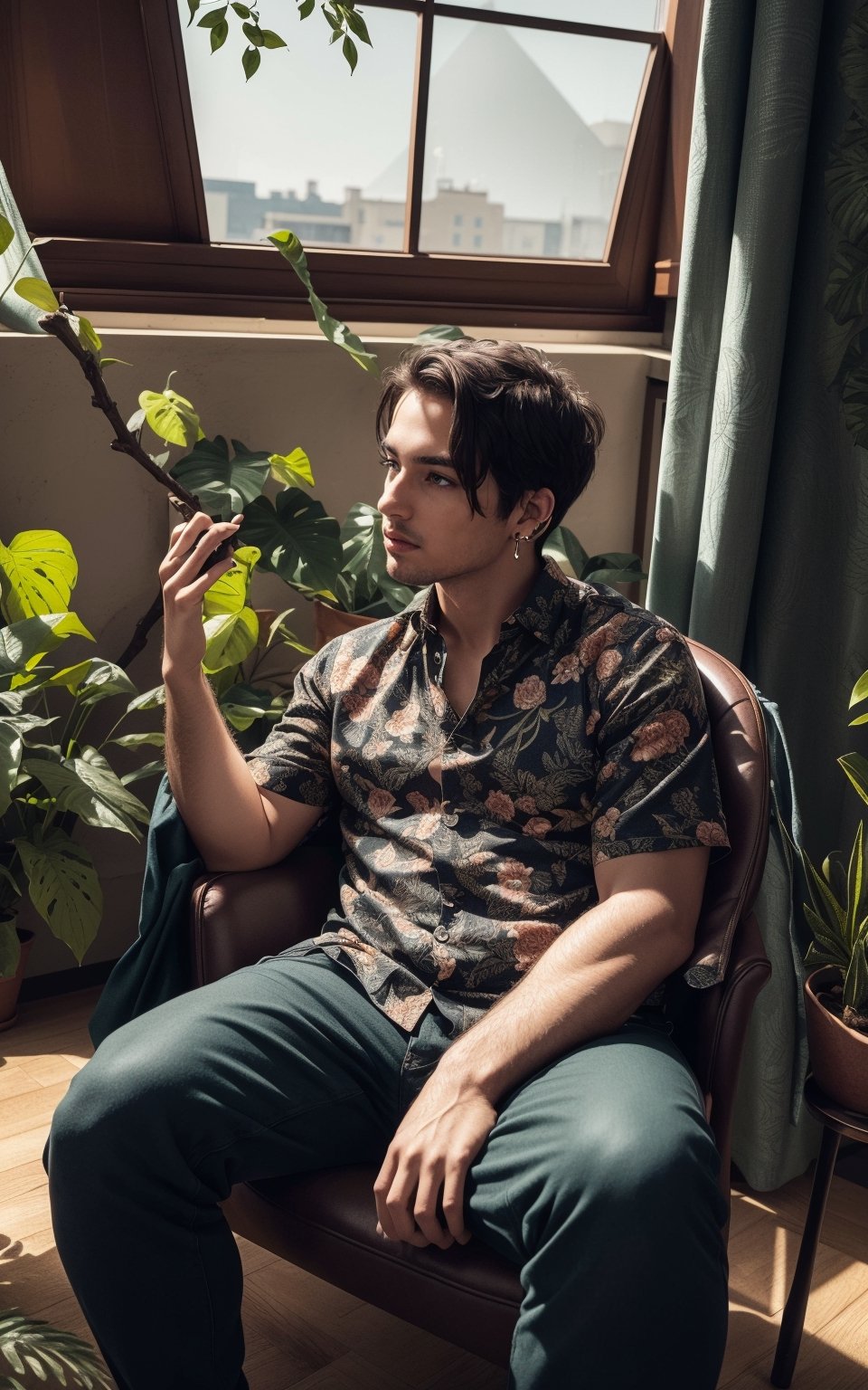 4k, (masterpiece, best quality, highres:1.3), ultra resolution, intricate_details, (hyper detailed, high resolution, best shadows),

1boy, sitting on a leather chair, in a room with large windows, looking_left, wearing a flowral pattern shirt and a pant, earrings, silky_hair, plants, foliage, soft_lighting, curtains, 