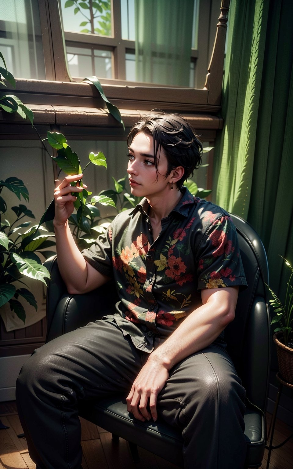 4k, (masterpiece, best quality, highres:1.3), ultra resolution, intricate_details, (hyper detailed, high resolution, best shadows),

1boy, man, chubby, sitting on a leather chair, in a room with large windows, looking_left, holding a long hanging branch of a plant(devil's ivy) with straight fingers, wearing a flowral pattern shirt and a pant, earrings, silky_hair, plants, foliage, monstera deliciosa plant, soft_lighting, curtains, ,(best quality