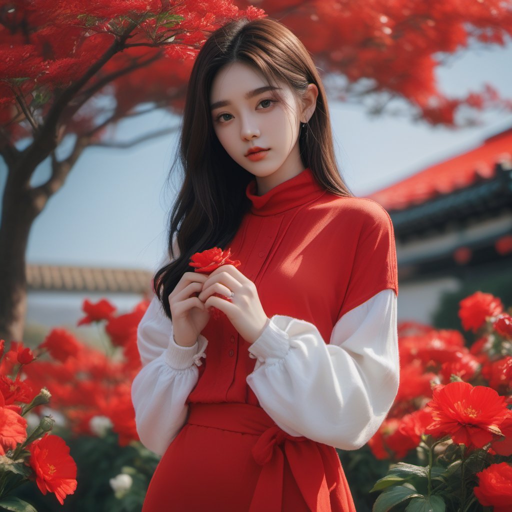 1girl,bright red  color,Sony Alpha 1, Sony FE 16-35mm f/2.8 GM, sharp focus, highly detailed, rich colors, vibrant colors, trending on Artstation, 4k,xxmix girl woman, kpop idol, ulzzang , flowers,