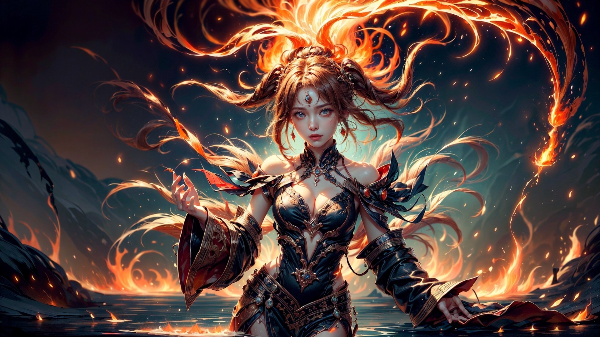( Lolahon: in Philippine mythology, goddess of fire ),  ((High resolution, high quality, realistic)), Create a photo of a beautiful girl: ((((Lolahon: goddess of fire   stands waist-deep in Lake Magmi )))), insanely detail face, ((( draw a red lake that is on fire ))) ,(((( half body under magma )))), made from liquid magma, detailed body, ultra high definition, 32K, flying sweatdrops, ultra photorealistic, (fire theme background), magical, dramatic, excelent color exposure, epic, action_pose,1 girl, ,huoshen