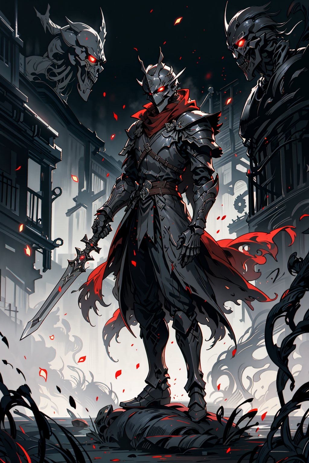 Masterpiece, best quality, solo, simple_background, viewed_from_side,1 man, knight, hand holding a great sword , Black full body armor, red glowing eyes, wearing edg, dark armor, helmet, faceplate, (dynamic combat scene, fight with a skeleton)