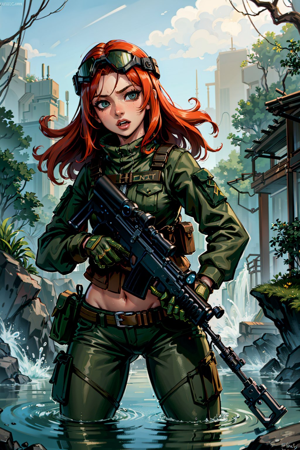 (masterpiece), best quality, expressive eyes, perfect face, 1girl in tactical jungle uniform,aiming a assault rifle gun, redhead, rising out of water,wet skin, bare midriff, (tactical helmet, night_vision goggles), weapon