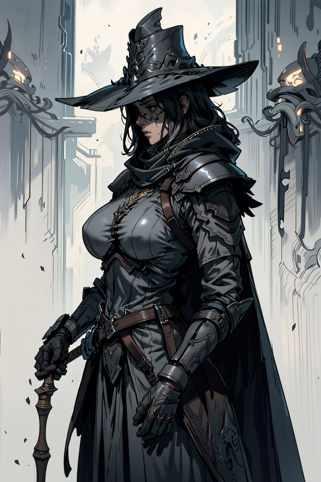Masterpiece, best quality, solo, simple_background, viewed_from_side,1 girl, knight, large breasts hand holding an axe , dark grey body armor, wearing edg, dark armor, hat, (dynamic scene)