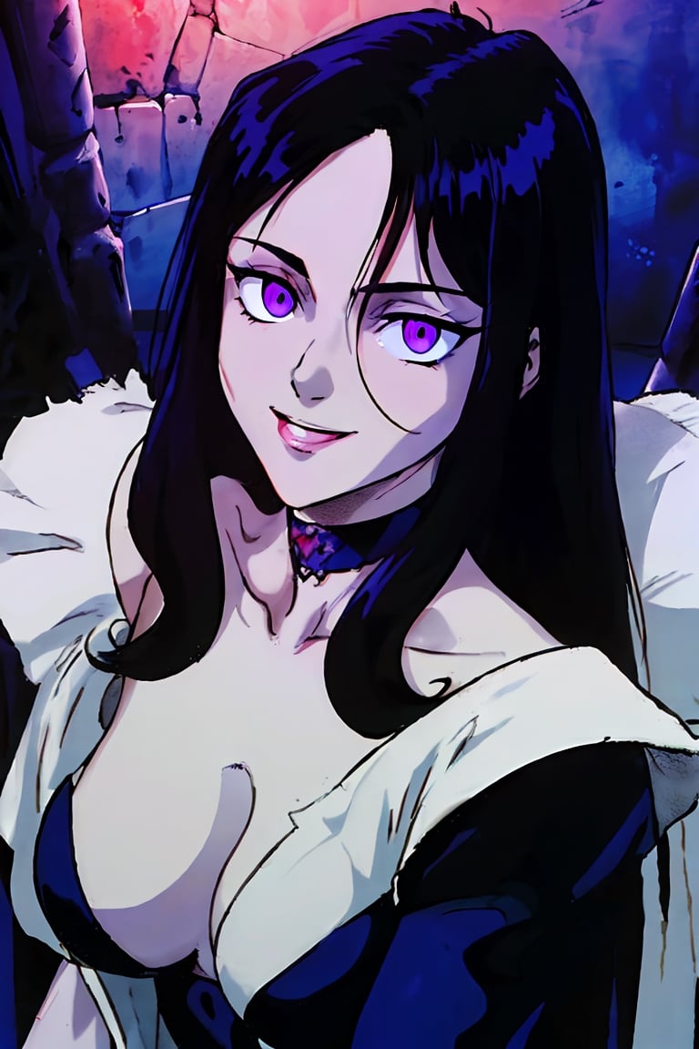 (masterpiece),  (best quality:1.6),  (victorian clothes, choker), (dark_black long hair:1.3), (longhairstyle:1.4), pale skin, (violet eyes:1.3), ((1 mature woman:1.3)), (busty), large breasts, best quality, extremely detailed, HD, 8k,1 girl,yuzu, ((cruel_smile)), ((evil eyes)), dark scenery, victorian background ,retro,1990s \(style\)