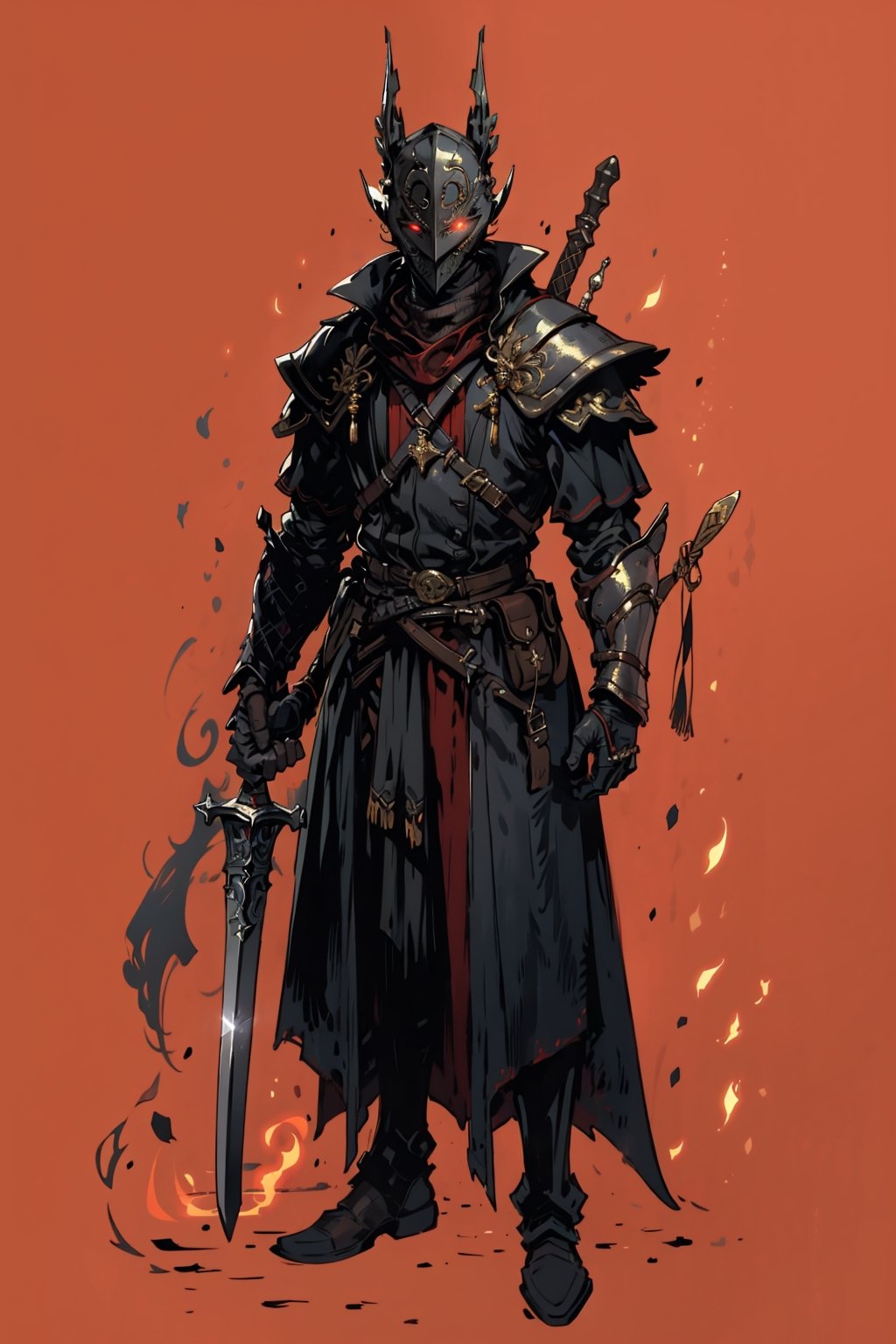 Masterpiece, best quality, solo, simple_background, 1 man, knight, hand holding a great sword , Black full body armor, red glowing eyes, wearing edg, dark armor, helmet, faceplate