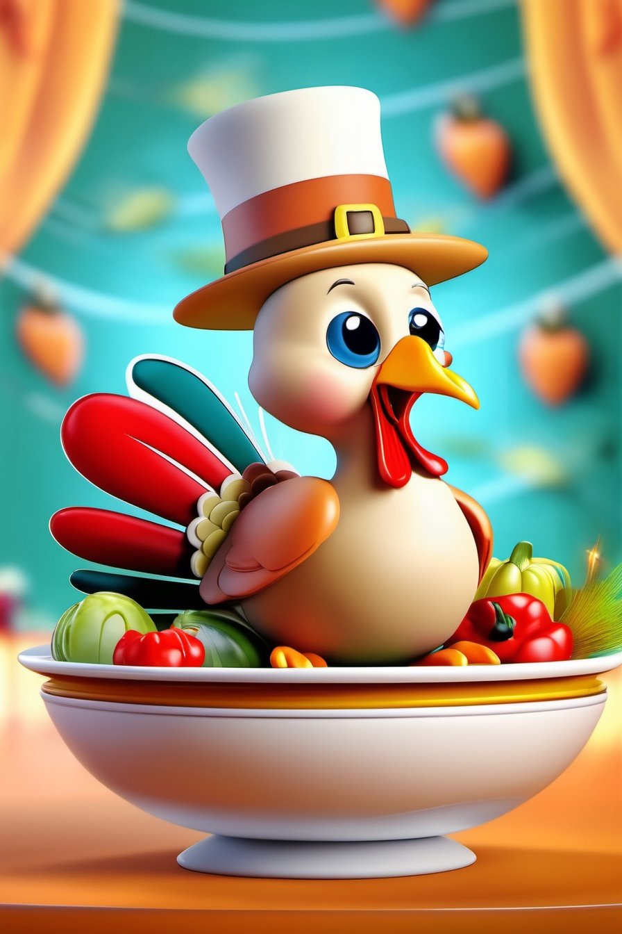 masterpiece, 8k, epic,Stunning poster, turkey with Thanksgiving hat fleeing from dish as a thanksgiving day icon, vegetables in the dish, alive cartoon turkey with mischievous expression in the dish, centered, small size turkey, modelshoot style,cute00d