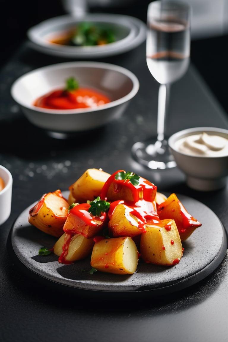 Detailed photograph of a white medium plate of patatas bravas, soaked in spicy sauce, with uniform mayonnaise on top, placed on a black granite bar table with small white tones, in a traditional setting. Shot with a high-resolution DSLR camera, 50mm lens, sharp focus on the potatoes, f/2.8 aperture to softly blur the background, illuminated with soft natural light and an additional light source to avoid harsh shadows