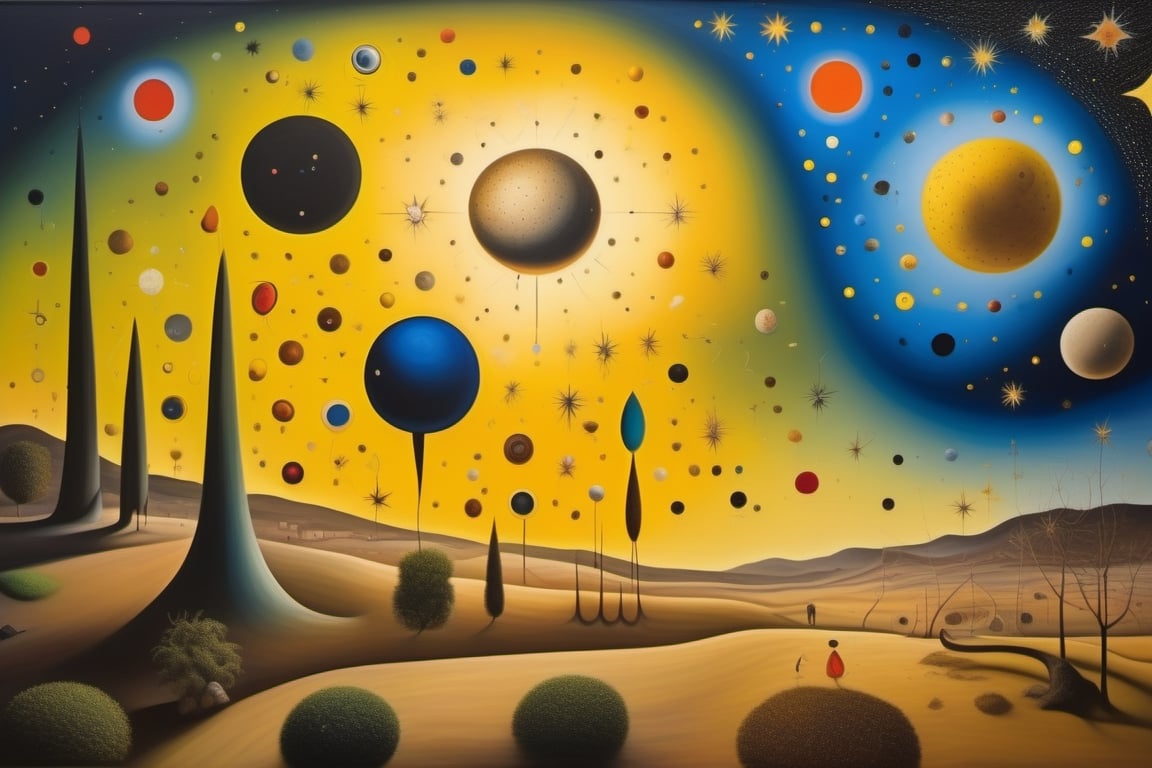 (((Oil painting by Joan Miró and Salvador Dalí))), ((european surrealist art)), Foto_realista:1.9, ((artistic depiction)) A representation showing an endless celestial expanse on a starry night. (((many stars))) The representation must have a vintage style with a grain filter, Viewed from a low angle and illuminated by natural light. sharp focus, 8k, UHD, high quality, intricately detailed, Highly detailed, hyper-realistic