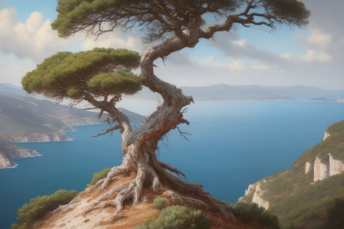 Un árbol sentado en la cima de un acantilado junto al océano, Una pintura mate detallada, by Antoni Pitxot, Shutterstock, realismo, Costa croata, Foto de archivo, Pinares, Foto hiperrealista