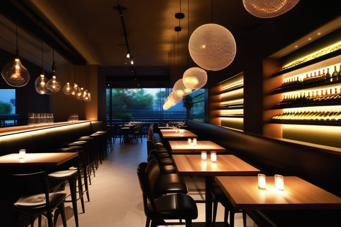 Visualiza un restaurante amplio y luminoso en el estilo James Gurney. El espacio es moderno y minimalista, con mesas y sillas de diseño elegante y sofisticado. La barra de vinos es un destacado, situada en un lugar prominente, y los amplios ventanales permiten que la luz natural inunde el espacio. La escena es tranquila y serena, con una presentación meticulosa de los platos en las mesas. La iluminación es una combinación de luz natural y artificial, que juega con las sombras y destaca los detalles del interior. Imagina que las luces cálidas y suaves colgando sobre las mesas complementan la luz natural que entra a través de los ventanales, creando un ambiente acogedor y refinado. --ar 3:2, --v3 