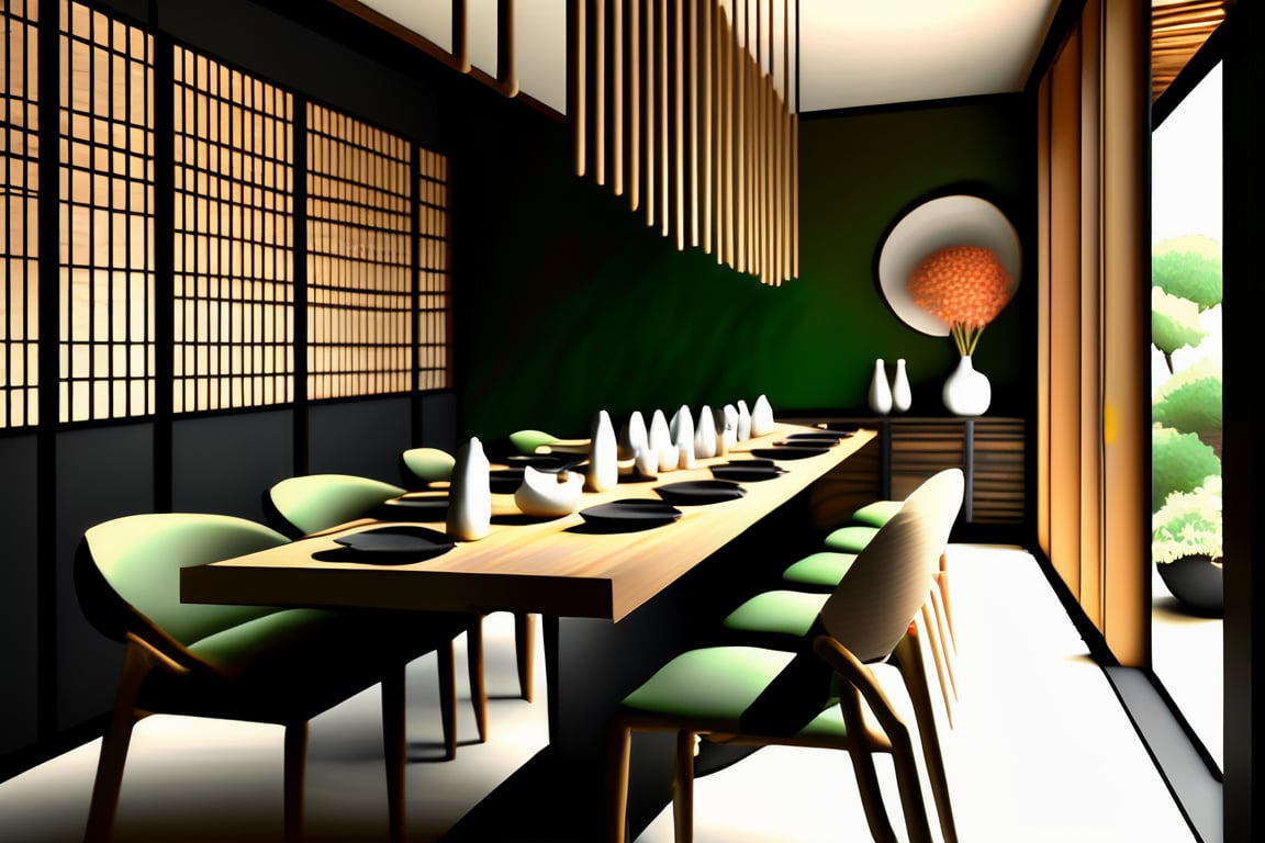 Generate an ultra-realistic image in 3D, 4K, HD, Interior de un restaurante japonés contemporáneo, espacioso y limpio, con una iluminación suave y natural. Mesas de madera oscura y sillas elegantes distribuidas de manera ordenada. Decoración minimalista con detalles en tonos neutros y toques de colores naturales, como verde y marrón. Grandes ventanales que dejan entrar la luz del día y permiten una vista serena al exterior. Barra de sushi de diseño moderno, donde los chefs preparan los platos en tiempo real. Paredes decoradas con arte moderno japonés y delicadas plantas, como bonsáis y bambú. Presentación impecable de los platos en la mesa, con vajilla tradicional japonesa y una estética moderna 