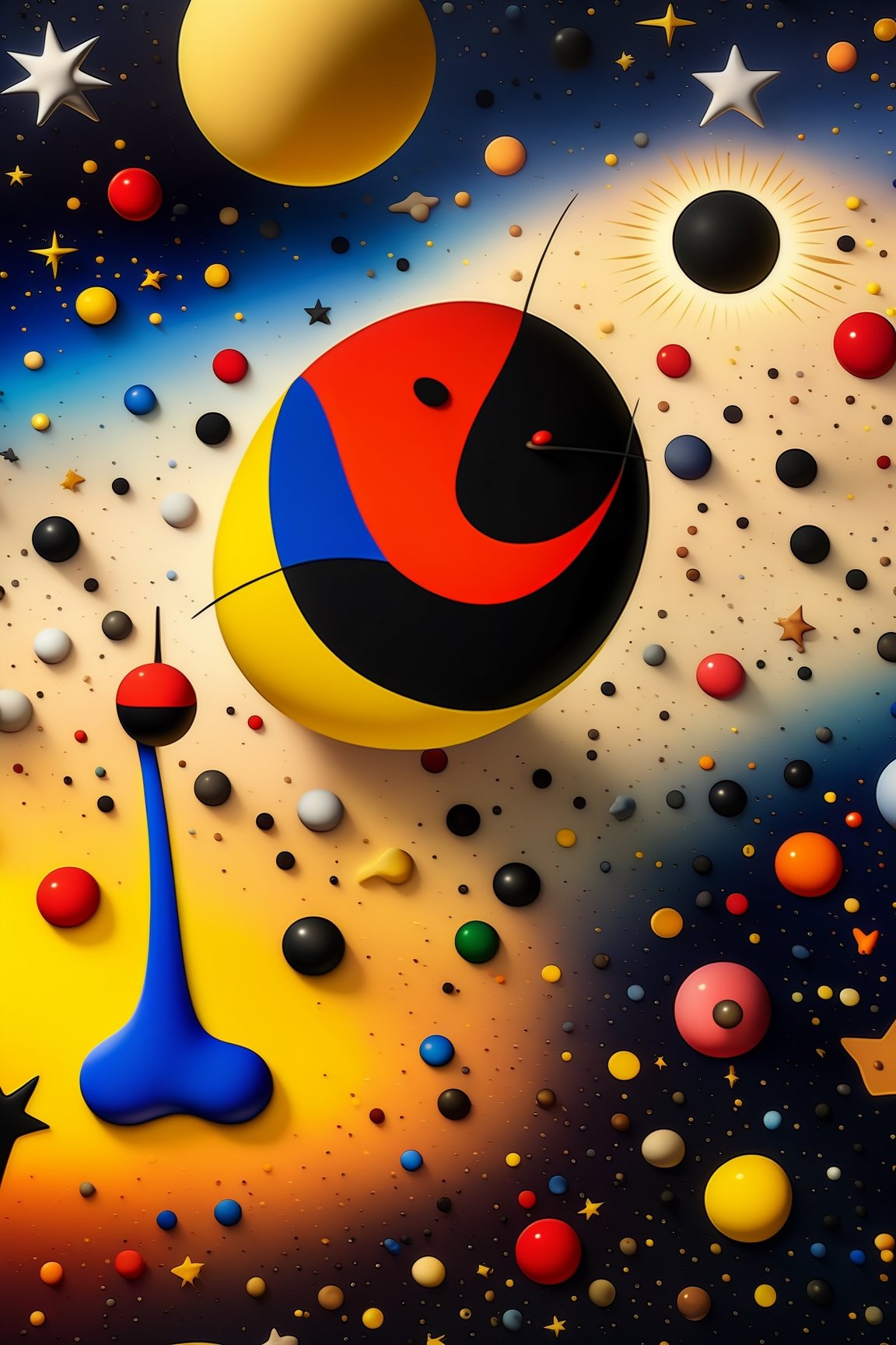 (((Joan Miró's Signature Style))) (masterpiece, highest quality), (realistic, photo_realistic:1.9), ((Artistic Rendering)) A depiction in the style of Joan Miró showcasing an endless celestial expanse on a starry night. The representation should carry a vintage style with a grain filter, viewed from a low angle and illuminated by natural light. sharp focus, 8k, UHD, high quality, intricate detailed, highly detailed, hyper-realistic