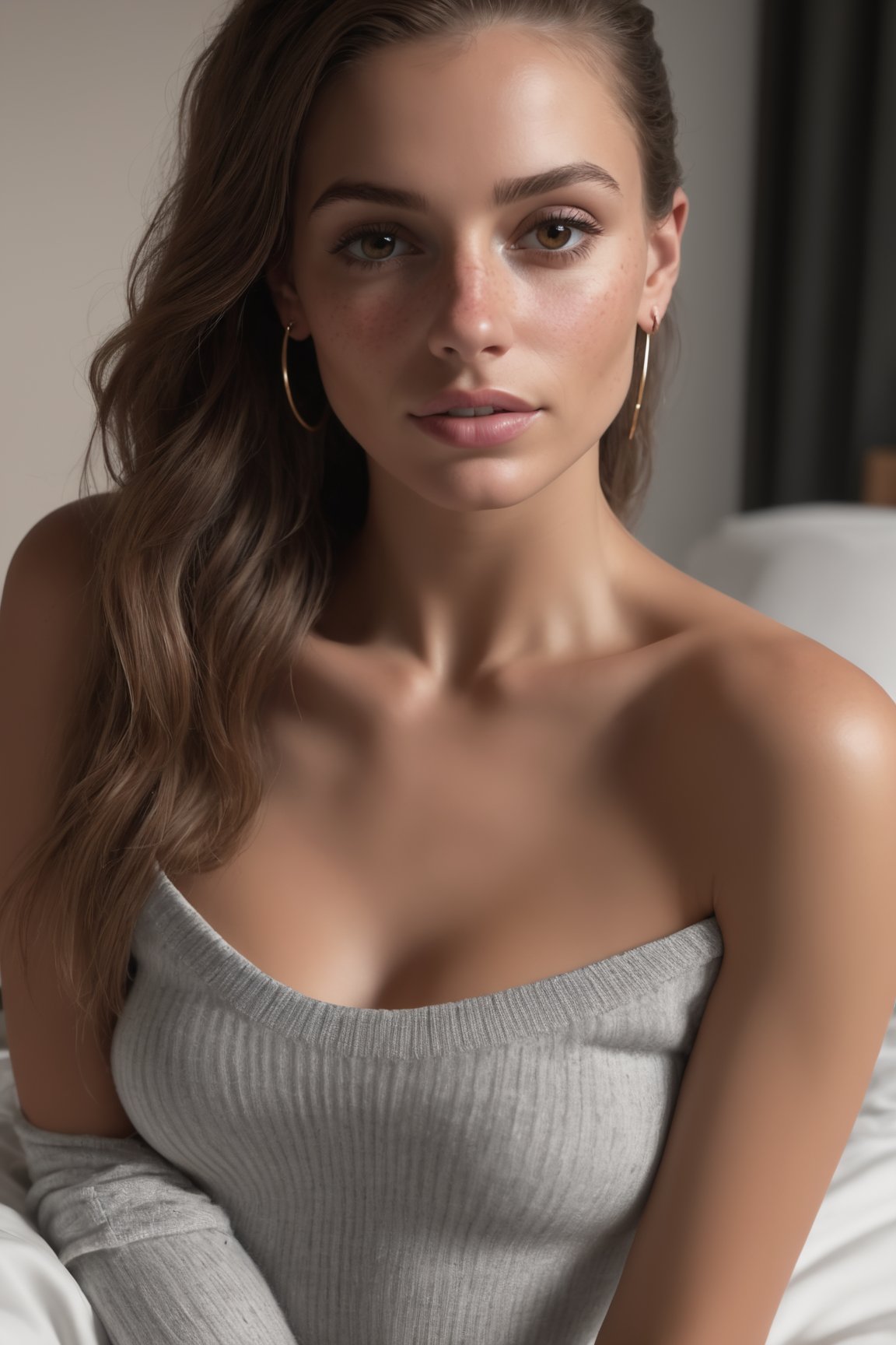 1girl, bare_shoulders, bed, bed_sheet, breasts, brown_eyes, choker, collarbone, earrings, freckles, hoop_earrings, jewelry, kneeling, lip_biting, lips, long_hair, looking_at_viewer, mole, mole_on_breast, mole_on_neck, mole_on_thigh, necklace, nose, off-shoulder_sweater, off_shoulder, on_bed, ponytail, realistic, solo, sweater, (SEMI-SILHOUETTE light:1.1), (raytracing:1.1), (cryengine:1.1), (skin detail:1.1),(photrealistic:1.1)