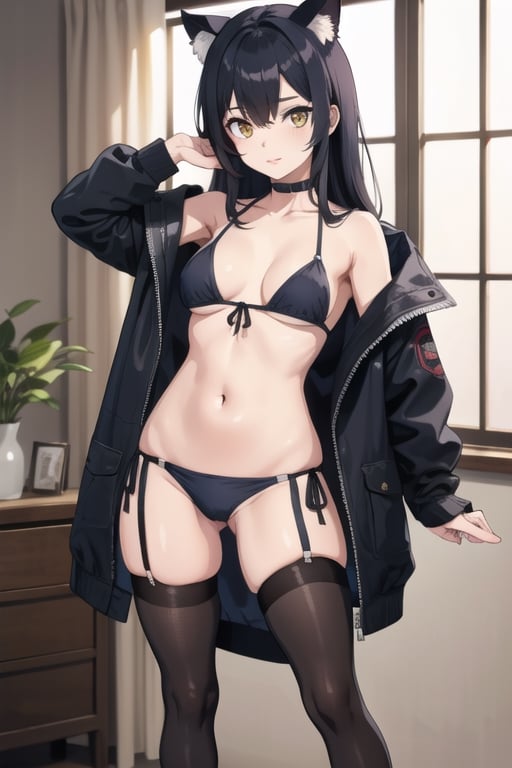 Goth Catgirl loli, sexy, standing, bikini, stockings, jacket