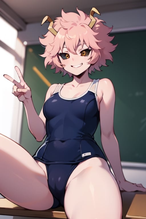 Mina Ashido, smug smile, cocky, confident, school swimsuit, sexy