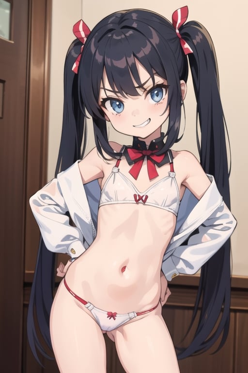 (((Loli))), (((short girl))), (((small girl))), cocky, confident, brat, smirk, thong, twin tails, 