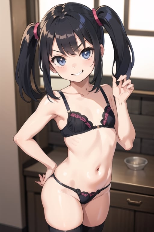 (((Loli))), (((short girl))), (((small girl))), cocky, confident, brat, smirk,tiny thong, twin tails, stockings, tiny bra, looking up at viewer