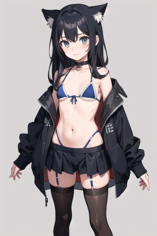 Goth Catgirl loli, sexy, standing, bikini, stockings, jacket