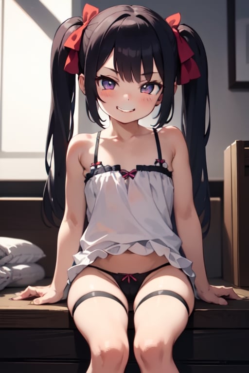 Loli, (((tiny girl))), (((small girl))), (((short girl))), cocky, confident, smug, smirk, smile, dark room, sitting,  brat, twin tails, thong