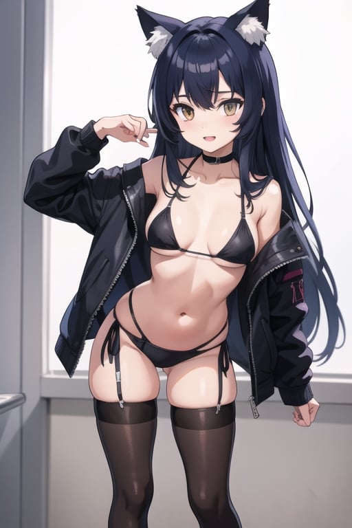 Goth Catgirl loli, sexy, standing, bikini, stockings, jacket