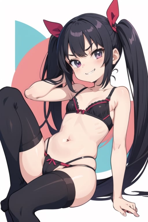 (((Loli))), (((short girl))), (((small girl))), cocky, confident, brat, smirk, thong, twin tails, stockings, tiny bra