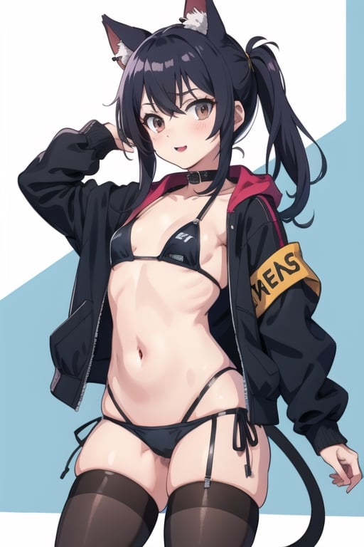 Goth Catgirl loli, sexy, standing, bikini, stockings, small jacket