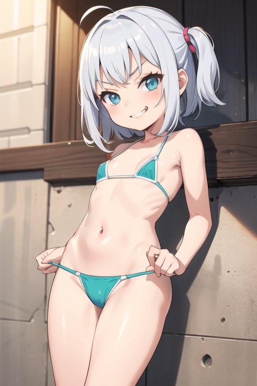 ((Loli)), ((brat)), ((short girl)), ((small girl)), ((cocky smirk)), tiny micro bikini, 