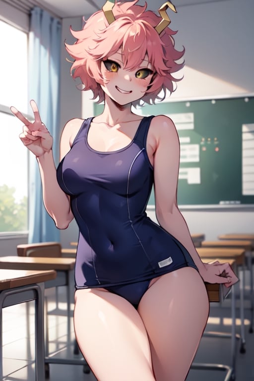 Mina Ashido, smug smile, cocky, confident, school swimsuit, sexy, 