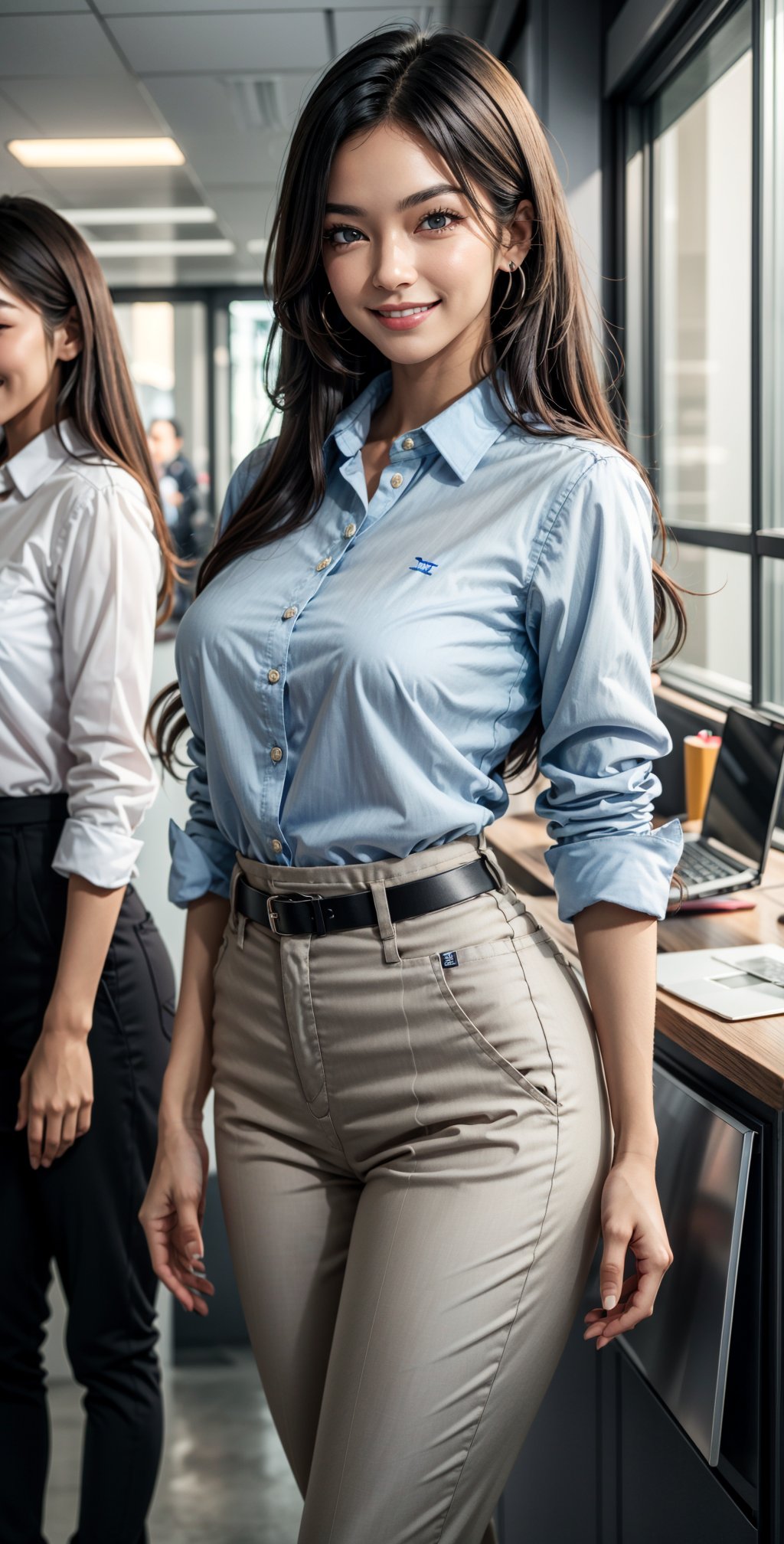 2women, blue black eyes, blonde black-hair, long hair, parted lips, lite smile, fair skin, bright smile, breast size H-cup, waist 24 inch, hip 42 inch, wearing corporate shirt, skyblue shirt, satin silk shirt, wearing corporate pant, office background, standing beside each other,