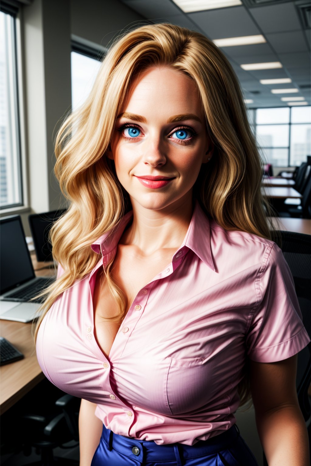 Beautiful woman, Cute face, bright skin, bright smile, blue eyes, sharp jawline Big eyes, perfect eyes, Hyper realistic, Long hair, blonde Hair, Breast size H-cup, cleavage, waist 26 inch, hip 42 inch, 6 foot 5 inch tall, wearing pink satin shirt, corporate shirt, tight fit, wearing corporate pants, half body view, office background,perfecteyes,
