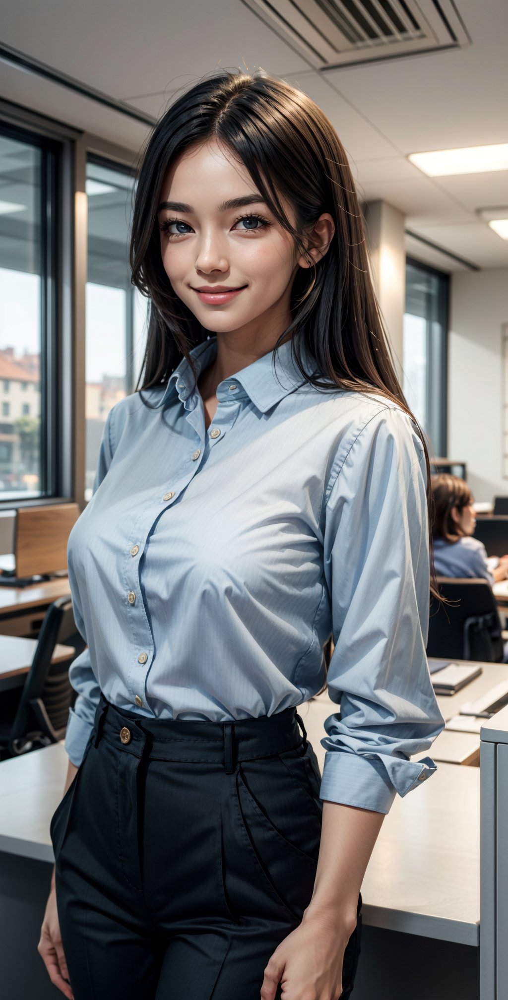 2 women, cute face, blue black eyes, blonde black-hair, long hair, parted lips, lite smile, fair skin, bright smile, breast size H-cup, waist 24 inch, hip 42 inch, wearing corporate shirt, skyblue shirt, satin silk shirt, wearing corporate pant, office background, standing beside each other, full body view, 