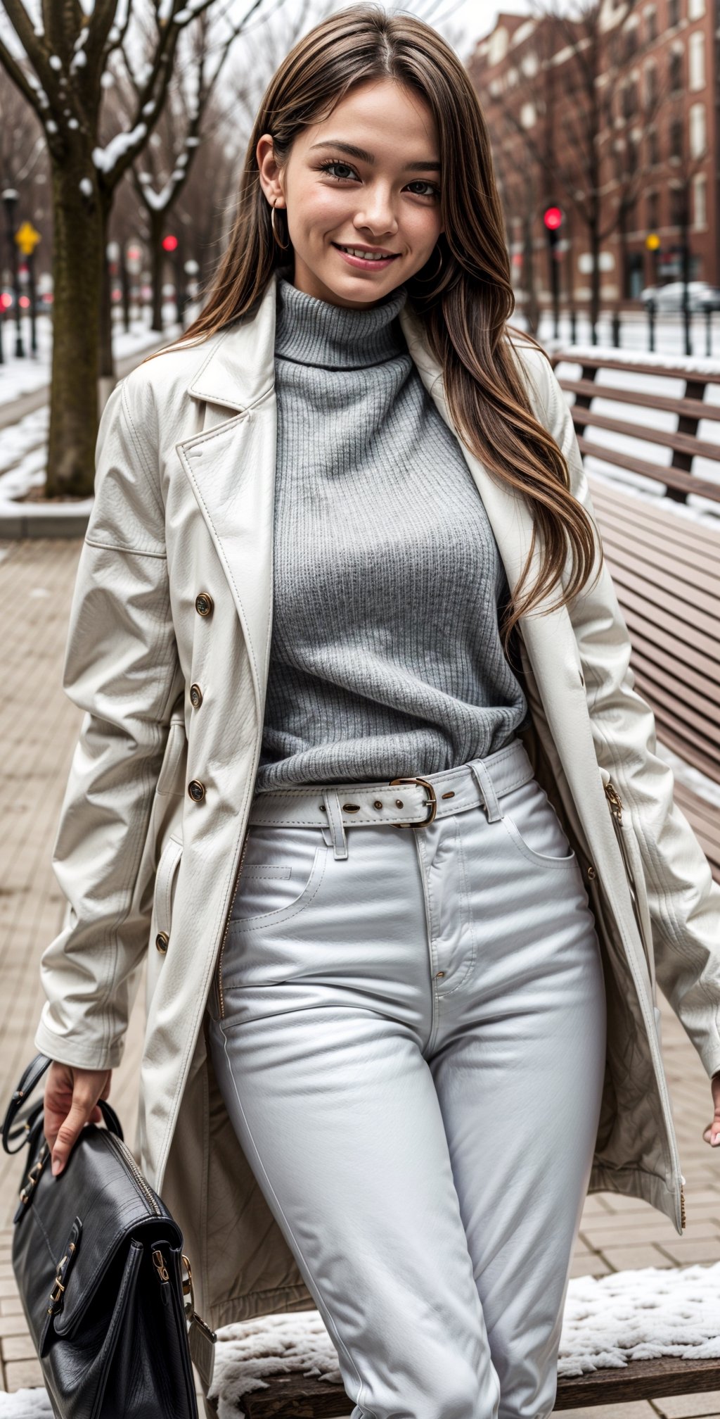 beautiful woman, ((Tall woman:1.2)), Cute face, Shy expression, Bright smile, Light brown eyes, (Brown hair), ((Long Hair)). (Huge Breats:1.2), ((huge glutes)), Thin waist, ((wearing white turtle neck with white leather long coat)), (((Wearing white leather pants))), sitting on a park bench, ((with a black purse)), snowy weather_1.3, Half body view, looking at the camera.