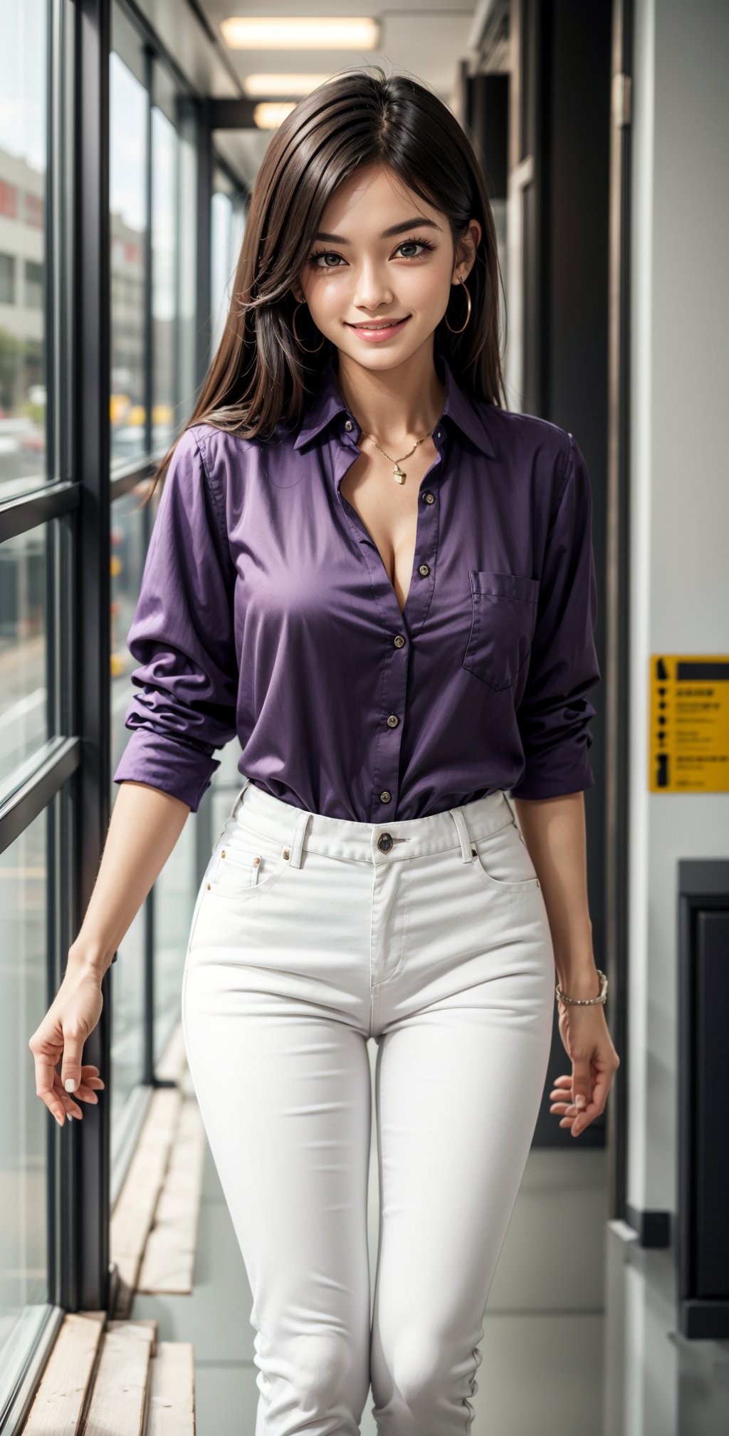 Beautiful woman, cute face, Brown eyes, black hair, long hair, parted lips, lite smile, fair skin, bright smile, breast size H-cup, Cleavage, waist 24 inch, hip 42 inch, wearing corporate shirt,Purple shirt, satin silk shirt, tight fit, tucked in shirt, rolled up sleeves, 3/4 rolled up, wearing corporate pants, white pants, office background, full body view, 