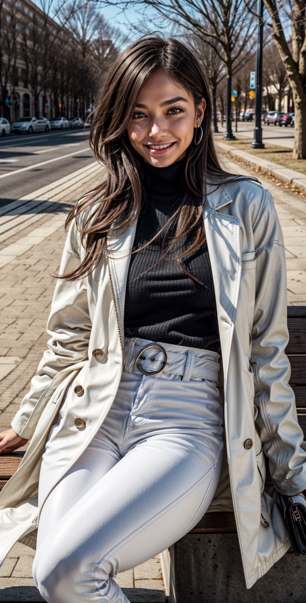 beautiful woman, ((Tall woman:1.2)), Cute face, Shy expression, Bright smile, Light brown eyes, (Brown hair), ((Long Hair)). (Huge Breats:1.2), ((huge glutes)), Thin waist, ((wearing white turtle neck with white long coat)), (((Wearing white leather pants))), sitting on a park bench, ((with a black purse)), snowy weather_1.3, Half body view, looking at the camera.