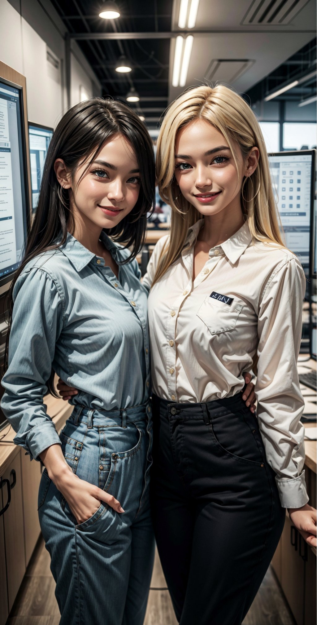 2 women, cute face, blue black eyes, blonde black-hair, long hair, parted lips, lite smile, fair skin, bright smile, breast size H-cup, waist 24 inch, hip 42 inch, wearing corporate shirt, skyblue shirt, satin silk shirt, wearing corporate pant, office background, standing beside each other, full body view, 