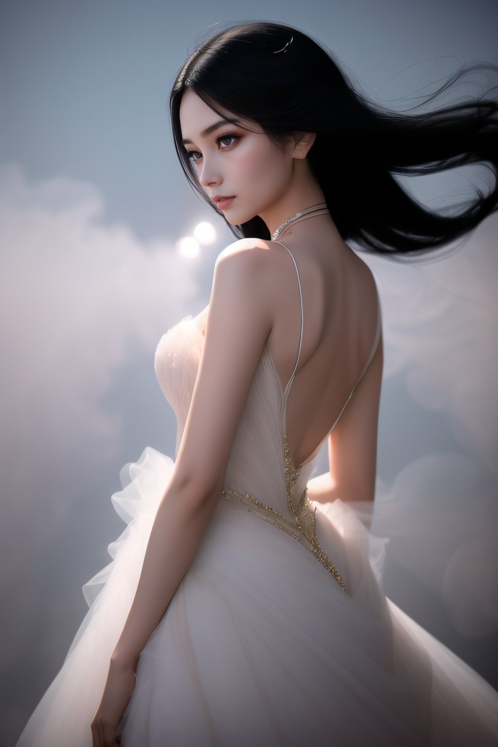  (Glamour photography:1.3) photo of an Asian woman, with long, sleek, black hair, looking dreamily into the distance, upper body framing from waist, wearing a haute couture embellished ball gown with soft light, (from a low angle:1.2), shot on a Lumix GH5, with a( dreamy haze filter:1.3), in the style of (David LaChapelle:1.2)