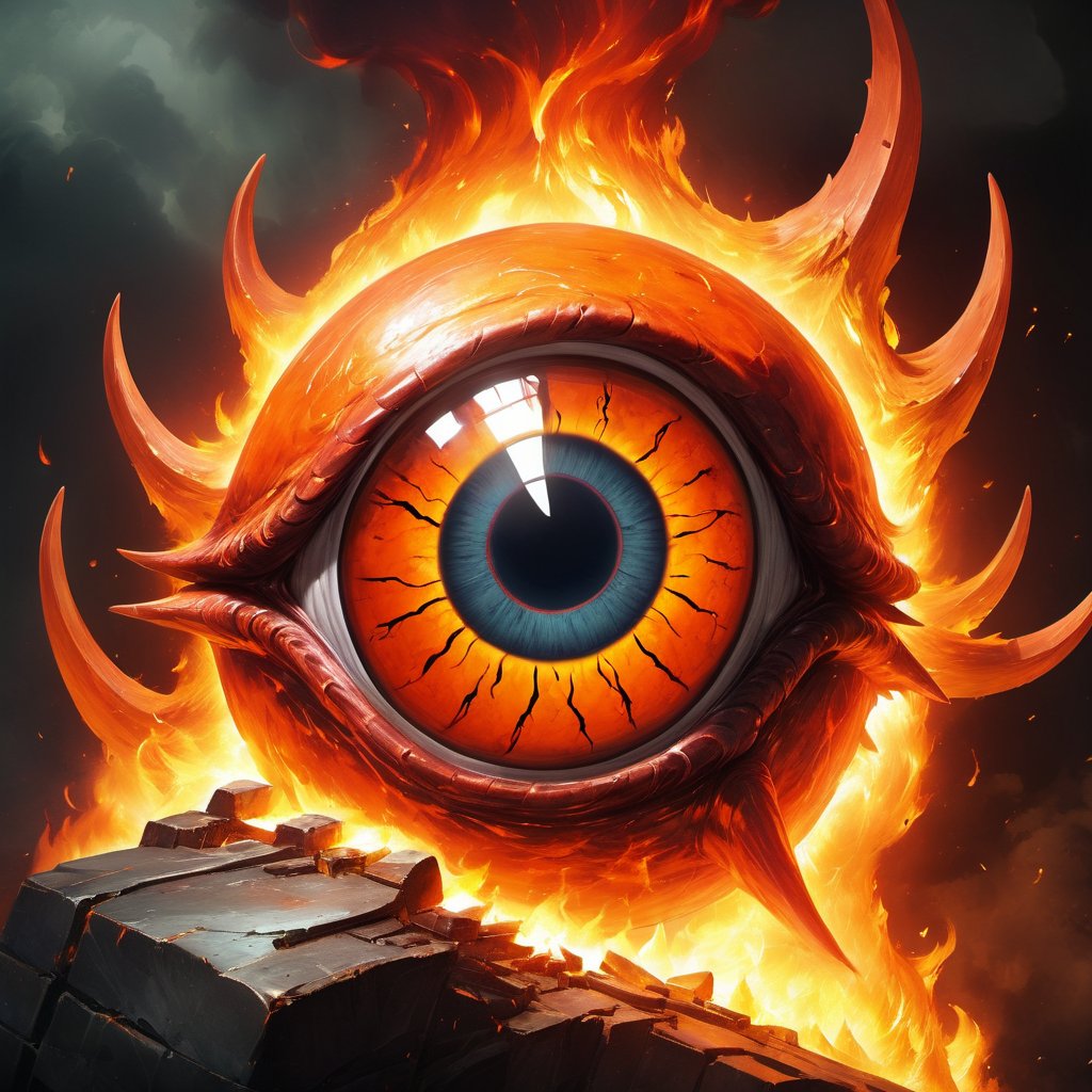 Giant Eyeball monster, molten orange and red, fire sigil, like a hammer this creature is, best quality, masterpiece