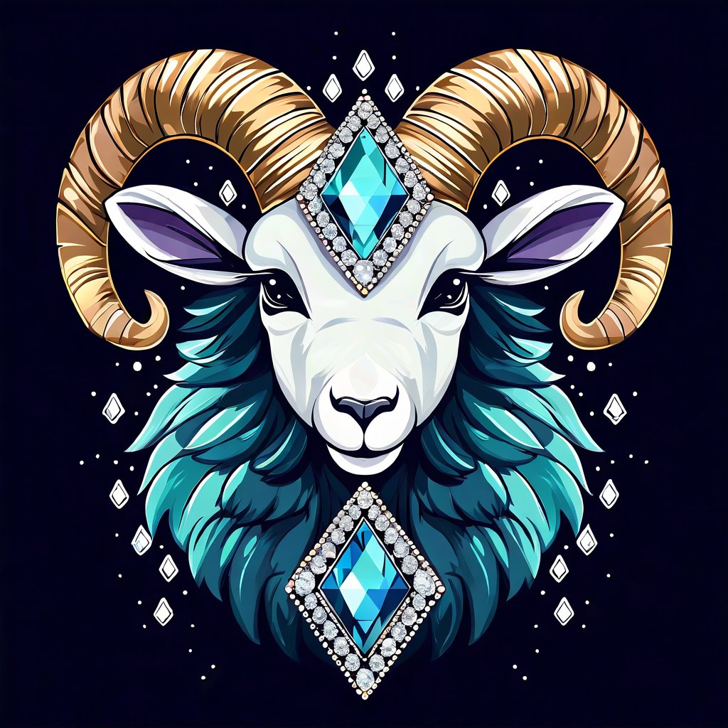 fluffy lamb with a shimmering forehead jewel in alexandrite art style