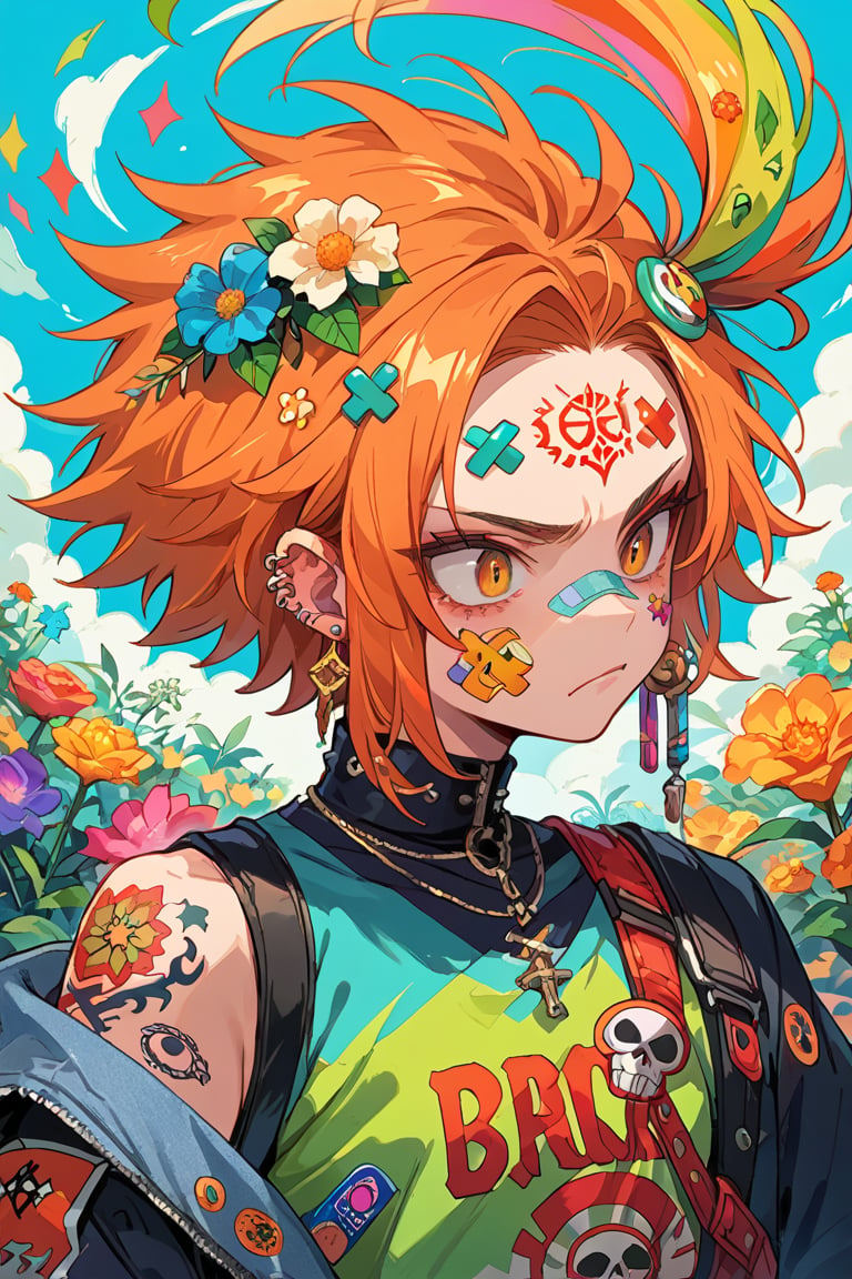 score_9,score_8_up,score_7_up,source_anime,BREAK,colorful,jewelry, sticker,hair ornament, ear piercing,tattoo,, ring, bandaid on face, Death Flower with bright green and orange-red color palette