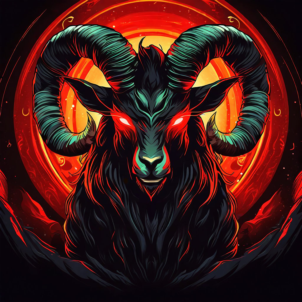 Goat with huge horns and evil eyes in devilcore art style