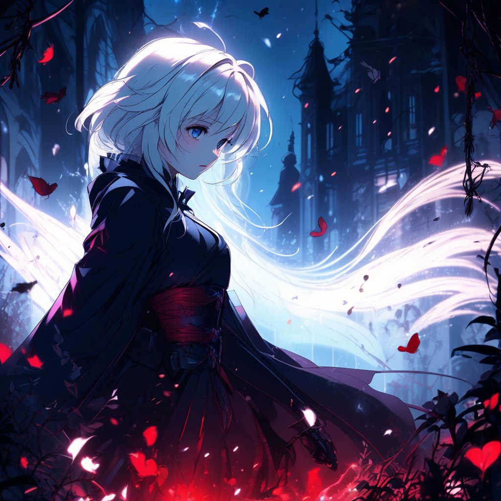 masterpiece quality, light particles, Anime Style., highly detailed,  Abbess Horror with white light-blue black and red color palette