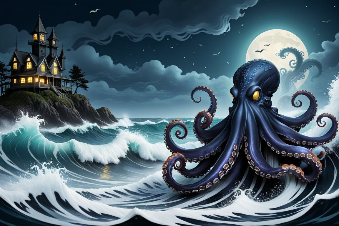 Midnight tide and haunted waves in octopus art style
