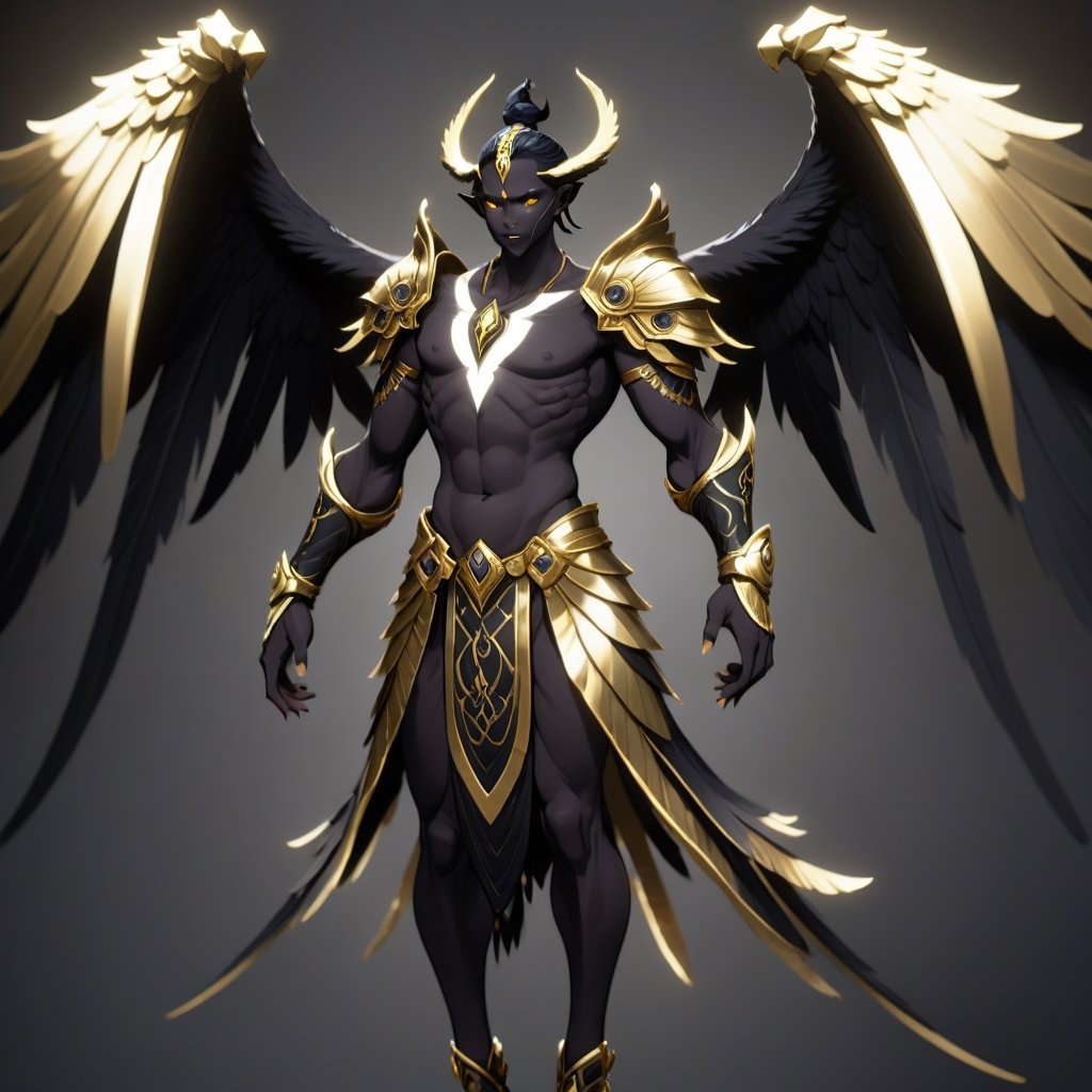 Djinn, ebony black with glowing-white markings, razor sharp black wings overlaid with gold wings, masterpiece, best quality,arcane