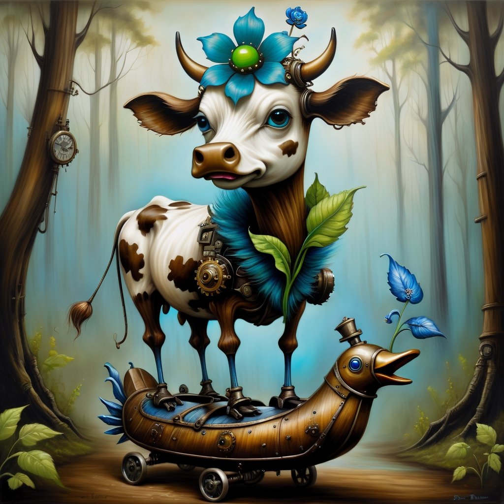 Bipedal creature resembling a cow with bright green fur leaf ears and a blue and white glowing flower growing from their head riding upon a steampunk wooden duck in the forest, in the style of esao andrews,esao andrews style