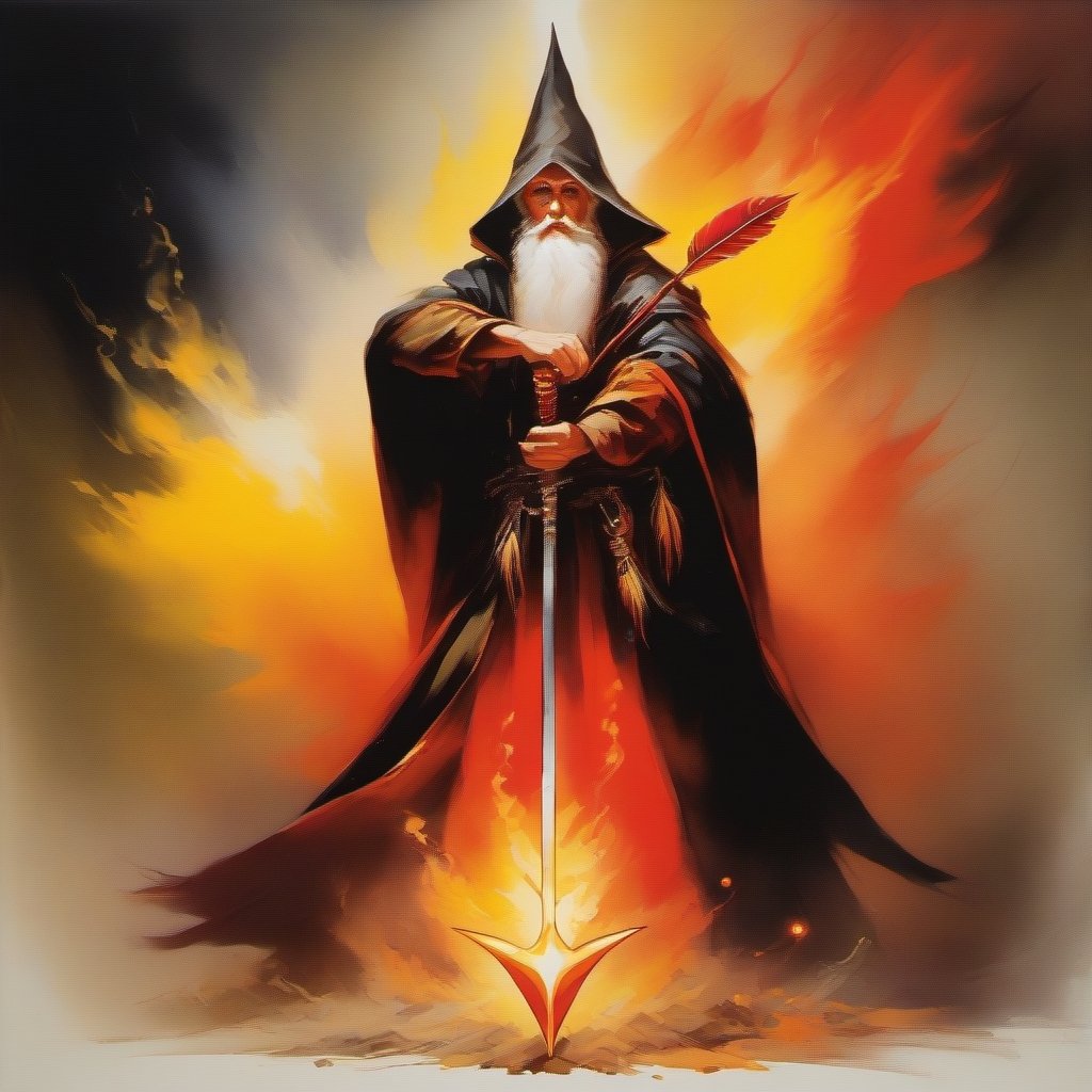 Wizard, colors are black red orange and yellow, spell is blazing arrow, masterpiece, best quality

