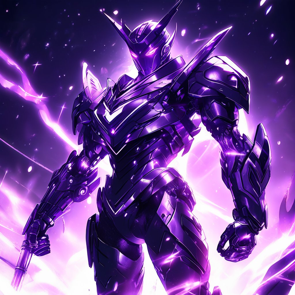 masterpiece quality, light particles, Anime Style., highly detailed, Machine Man with shiny purple and silver color palette