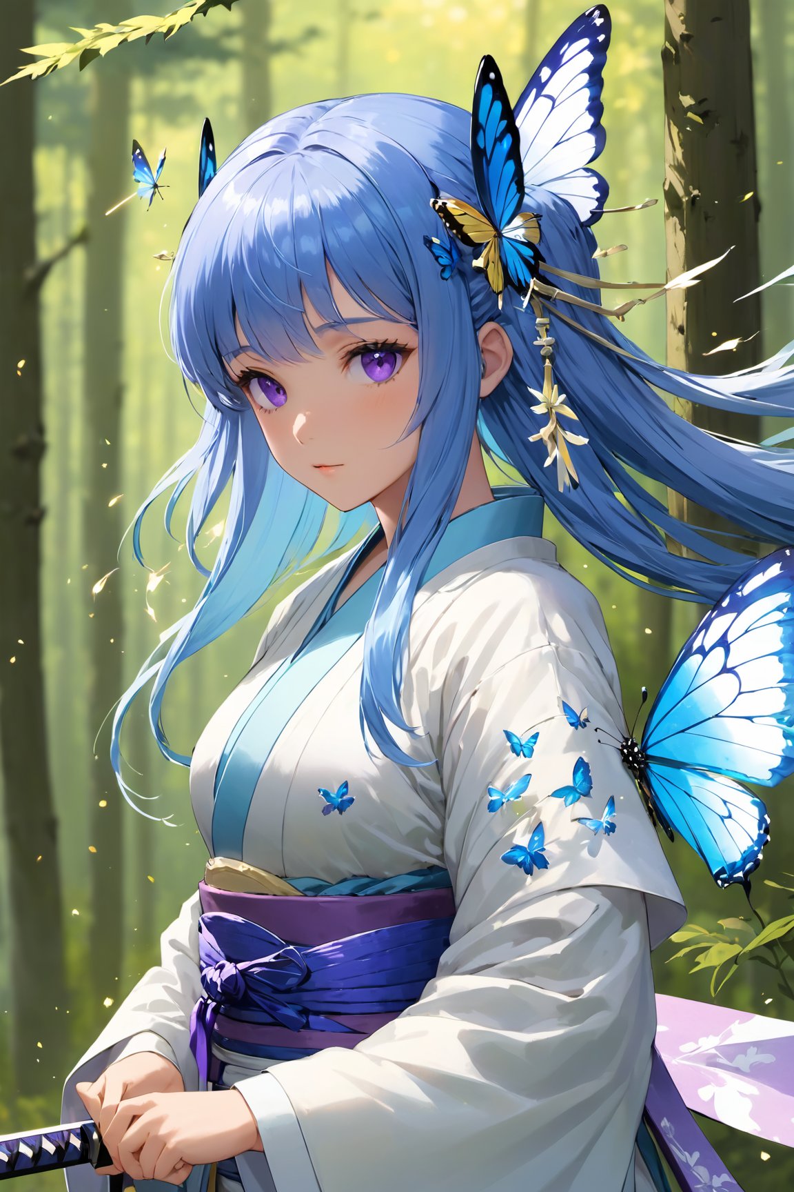 best quality, masterpiece, highres, original, extremely detailed wallpaper, dreamy atmosphere, 1girl,solo, animal, bangs, blue_butterfly, blue_eyes, (blue hair:1.2), breasts, bug, butterfly, butterfly_hair_ornament, butterfly_on_hand, butterfly_wings, closed_mouth, diffraction_spikes, eyebrows_visible_through_hair, glint, glowing, glowing_butterfly, (glowing_sword:1.1), (purple flames:1.1), glowing_weapon, holding, (holding_sword:1.2), holding_weapon, white and purple japanese_clothes, (katana:1.2), white kimono, long_hair, long_sleeves, looking_at_viewer, medium_breasts, obi, paper_crane, sash, sheath, solo, sparkle, sword, unsheathing, upper_body, very_long_hair, weapon, white_butterfly, yellow_butterfly, (forest background:1.2),