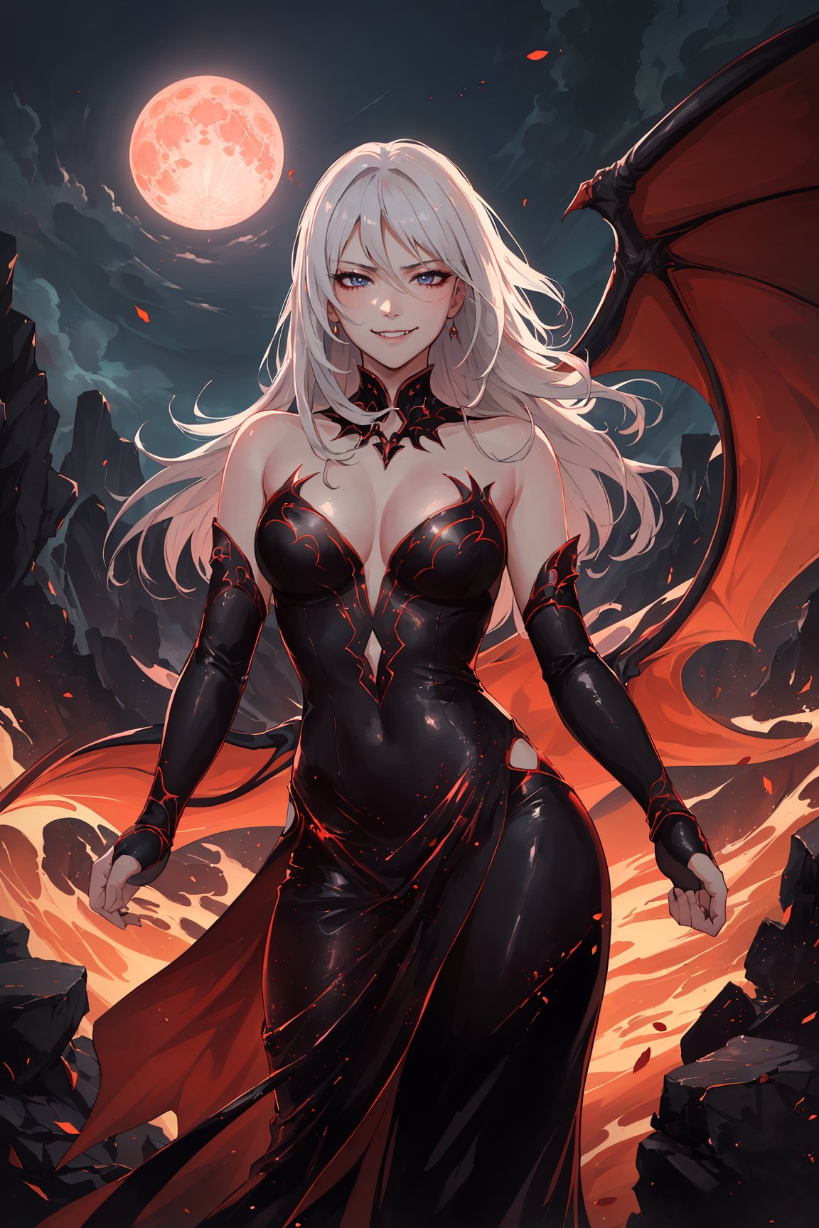 ((Masterpiece best quality highres:1.4), ((close up, upper body, low angle)), a beautiful korean woman, (vampire woman, white hair),  little fangs, seductive eyes, (smirk face, looking down:1.4), wearing a suggestive black tight dress, (dynamic pose, fight stance:1.4), a big blood moon stand in the night sky, magma and rocks on the background, fantasy masterpiece, Greg Rutkowski