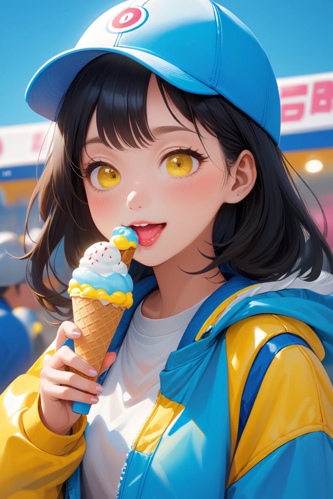 Close-up, portrait, 2d illustration, a girl, asian, glossy lips, blushing, light smile, yellow eyes, wearing a white and yellow baseball jacket, baseball cap, eating a vibrant blue ice cream, BREAK [vibrant flat color background]