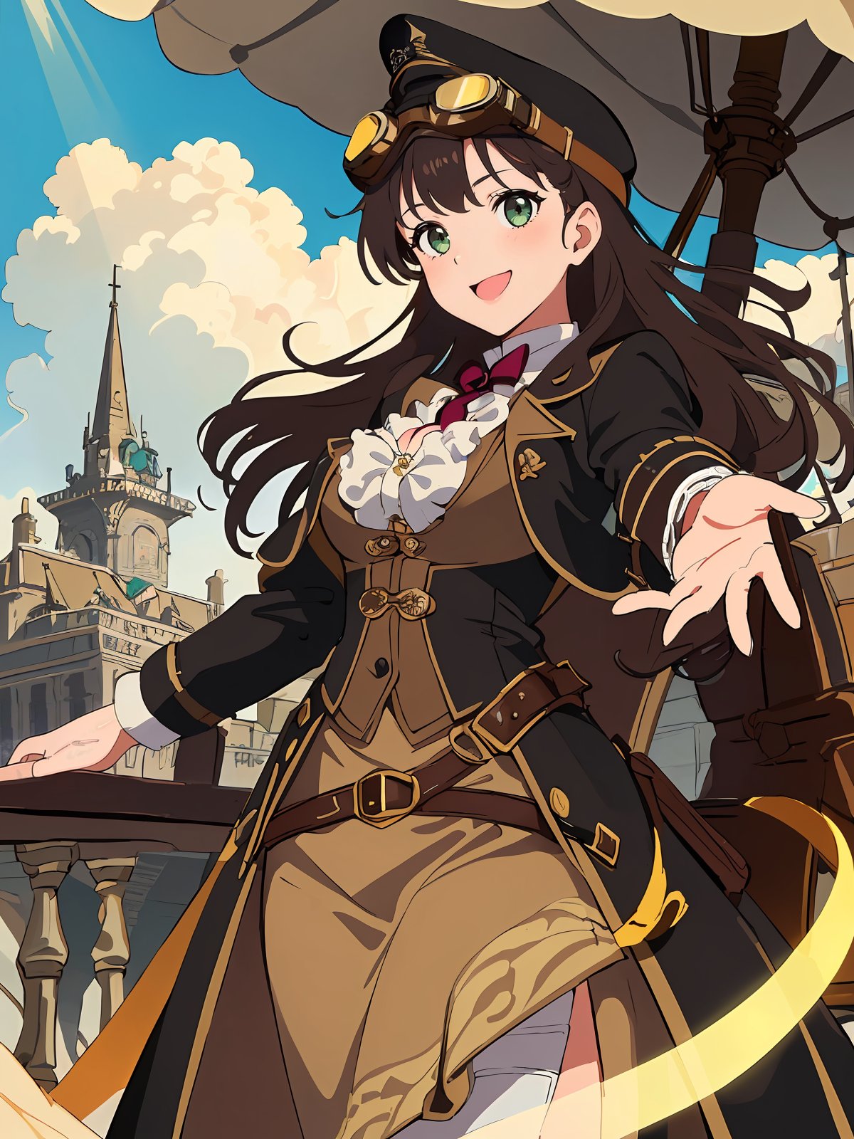 ((masterpiece, best quality, highres:1.2)), centered, close up, 1girl, young, detail face, eyes focus, dynamic pose,A joyful Steampunk girl with a heartwarming smile, wearing a leather aviator cap, goggles, and a stylish Victorian steampunk outfit, standing on the deck of a whimsical airship amidst the clouds. (Joyful:1.4), (Heartwarming smile:1.1), (Leather aviator cap:1.0), (Goggles:1.4), (Stylish Victorian outfit:1.3), (Luminous sunlight:1.1), (Charming), (2.5D Illustration:1.1), (Immersive)